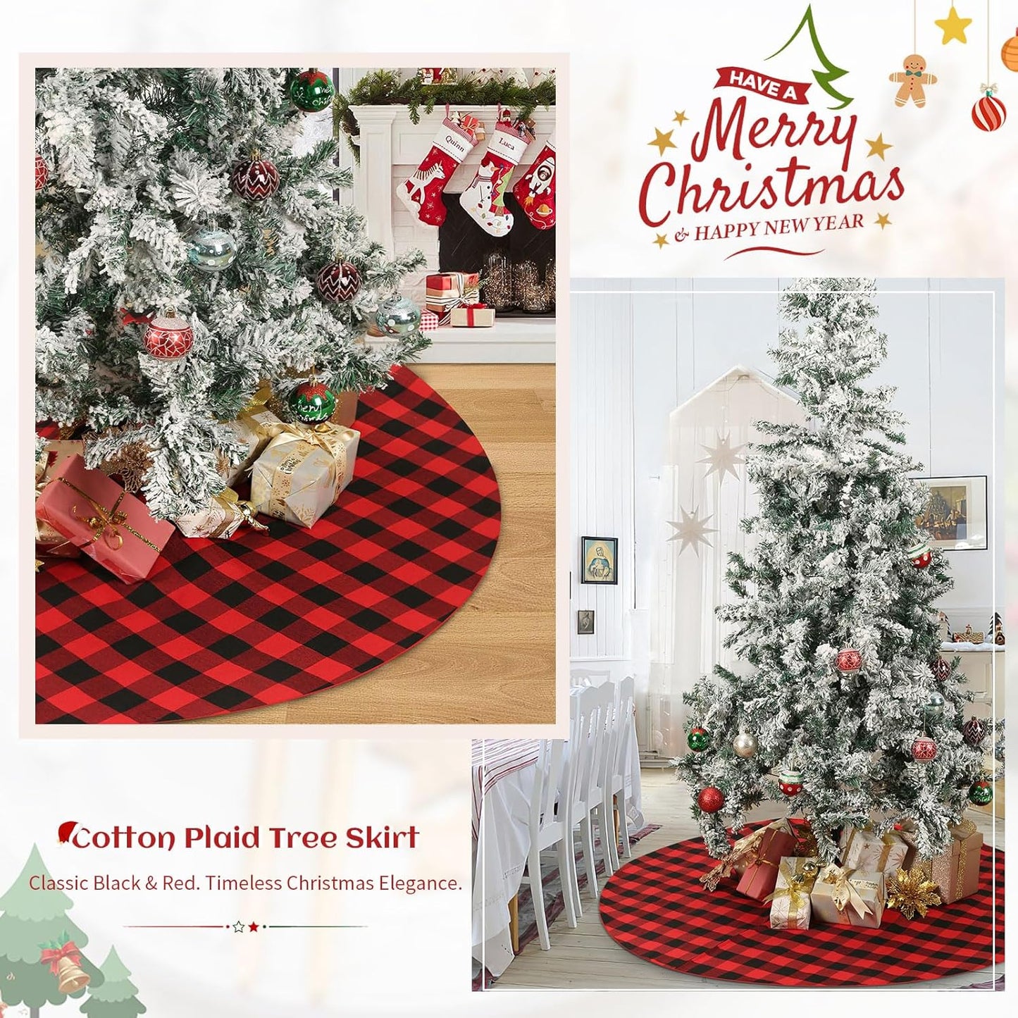 Christmas Tree Skirt Red Black Buffalo Plaid Tree Skirt Small 24 Inch Cotton Linen Fabric for Fall Farmhouse Thanksgiving Xmas Holiday Check Tree Skirts Decorations