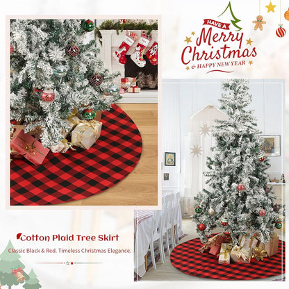 Christmas Tree Skirt Red Black Buffalo Plaid Tree Skirt Small 24 Inch Cotton Linen Fabric for Fall Farmhouse Thanksgiving Xmas Holiday Check Tree Skirts Decorations