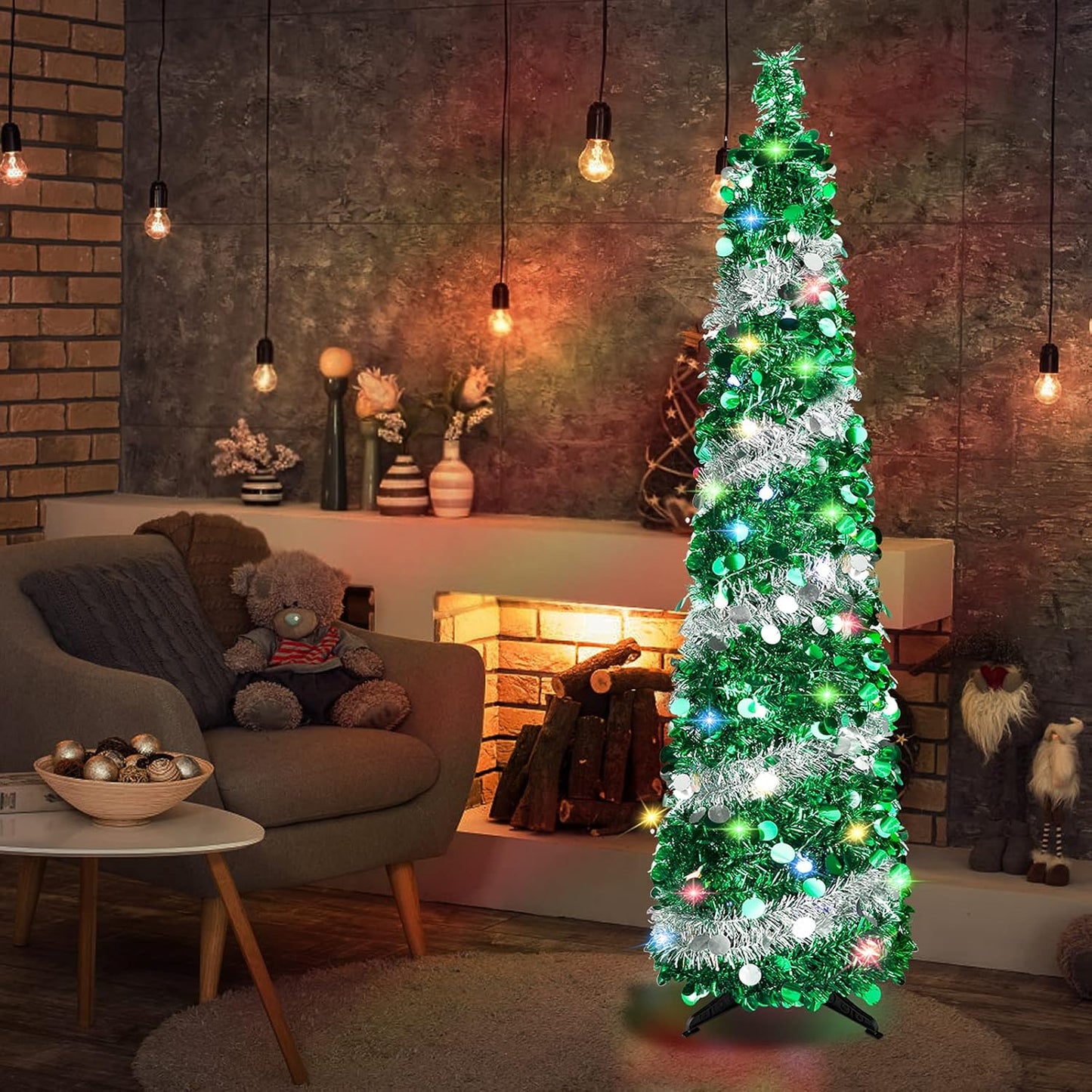 5 FT Christmas Trees with 90 Colorful Lights, Collapsible Artificial Sequin Pop up Christmas Tree, Tall Skinny Pencil Tinsel Christmas Trees Xmas Tree for Home Apartment Basement Fireplace