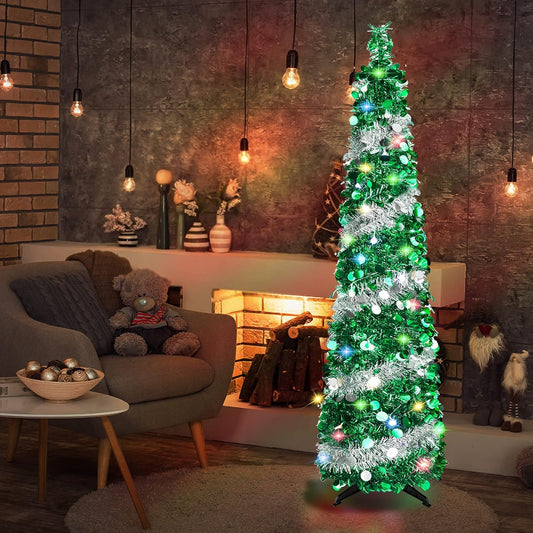 5 FT Christmas Trees with 90 Colorful Lights, Collapsible Artificial Sequin Pop up Christmas Tree, Tall Skinny Pencil Tinsel Christmas Trees Xmas Tree for Home Apartment Basement Fireplace
