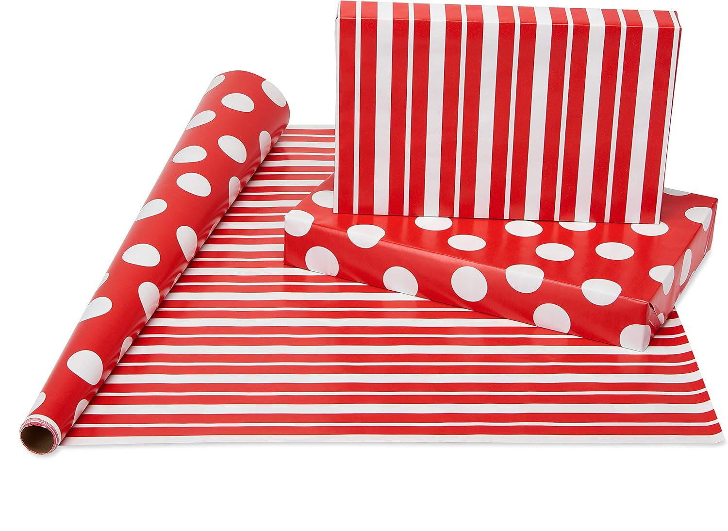 Wrapping Paper Rolls for Christmas or Any Occasion, Metallic Gold and Red Holiday Gift Wrap (120 Sq. Ft., 4 Rolls-30 In. X 12 Ft., Reversible) Stripes, Polka Dots, Zig Zags