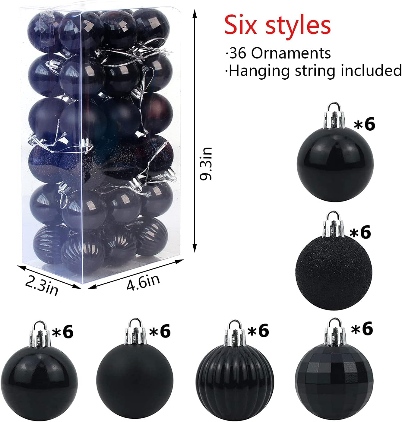 Christmas Shatterproof Tree Decoration Ball Ornaments for Holiday, Wedding, Party - 1.6" (4Cm) 36-Piece Set (Black)