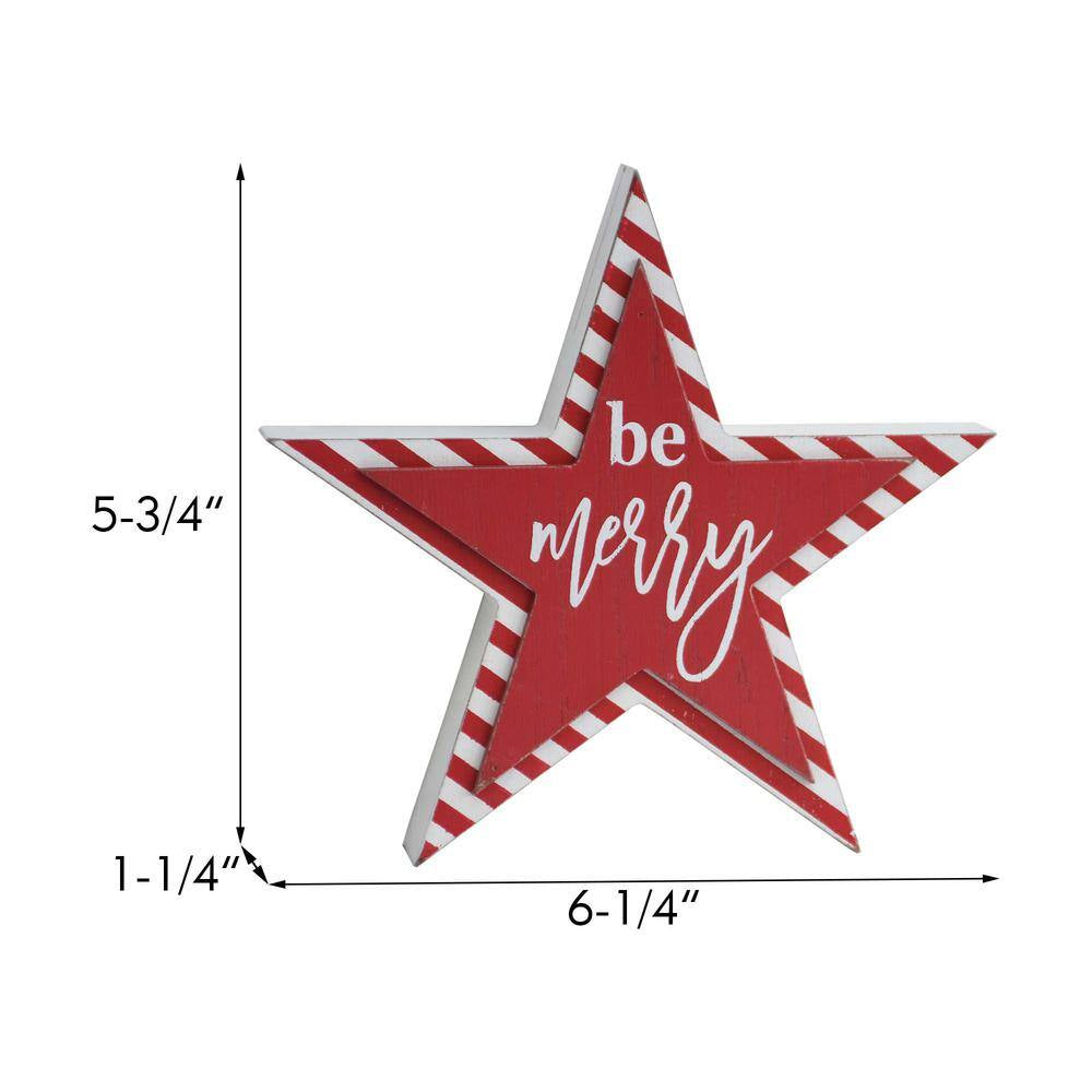 6 In. Red Star-Shaped Christmas Wood Tabletop Photo Holder with Be Merry Text