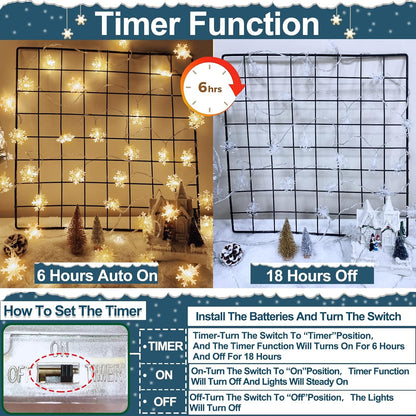 [ Timer 19.7 Ft 50 LED Snowflake Lights Decor, Battery Operated Fairy String Christmas Tree Lights Decorations Outdoor Indoor Xmas Party Home Bedroom Wedding Holiday Garden Decor(Warm White)