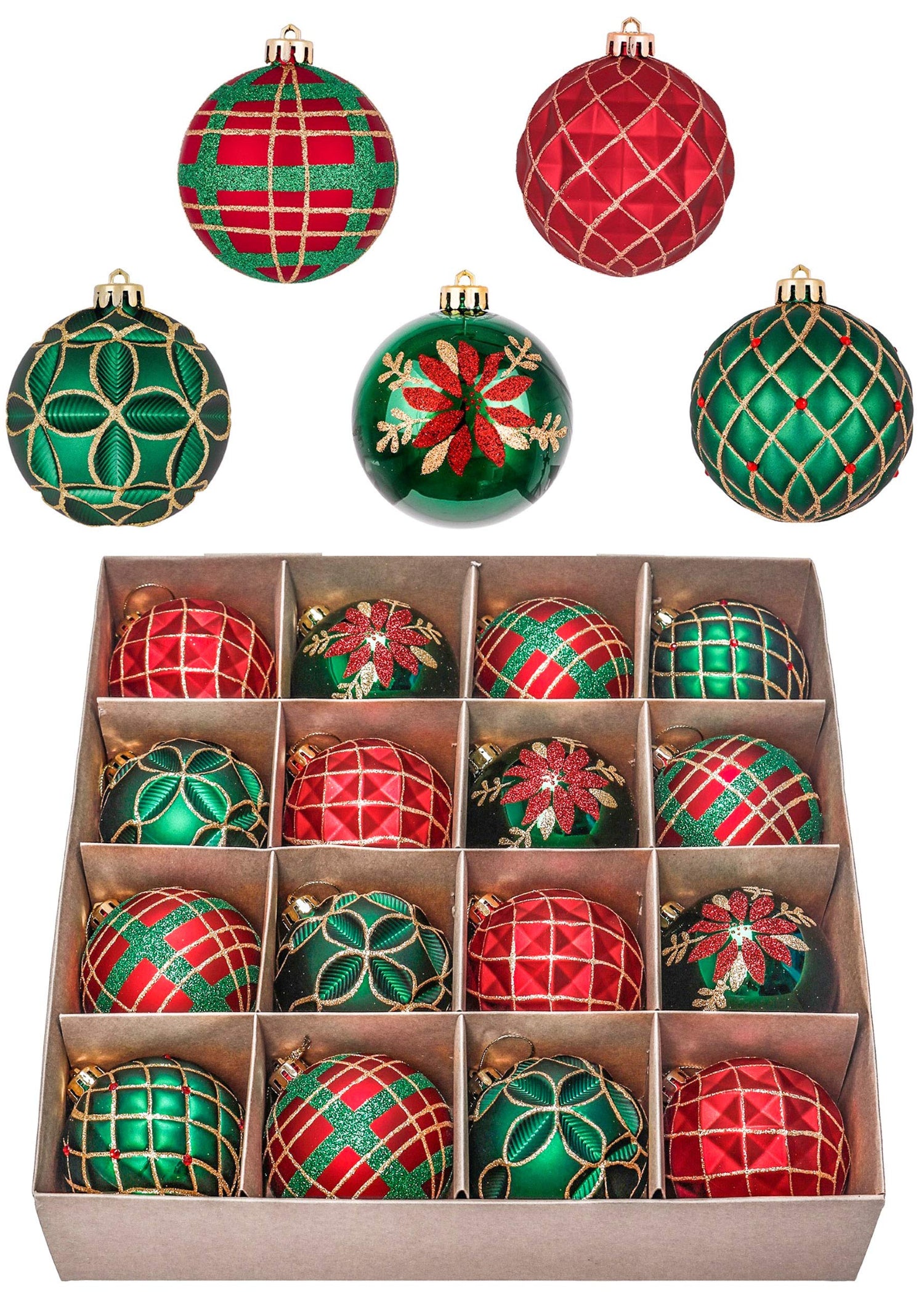 16Ct 3.15" Christmas Ball Ornaments, Red Green Gold Shatterproof Ornaments for Xmas Party Decor