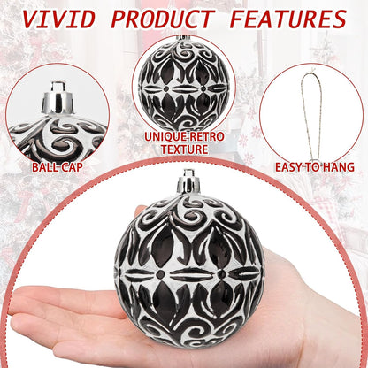 3.15"/80Mm Black Christmas Ball Ornaments 12 Pcs Shatterproof Christmas Tree Relief Ornament Set Large Hanging Ornaments Balls for Halloween Holiday Wreath Home Decor