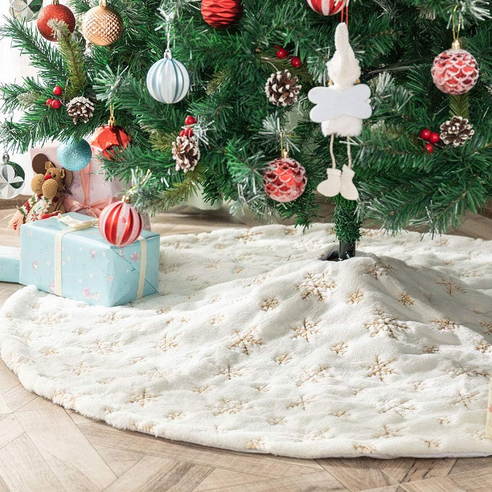 White Plush Christmas Tree Skirt - 90Cm Snow Fur Mat with Gold Sequin Snowflake Xmas Tree Skirt Base Cover for Christmas New Year Decorations (White, 35Inches)