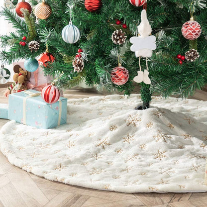 White Plush Christmas Tree Skirt - 90Cm Snow Fur Mat with Gold Sequin Snowflake Xmas Tree Skirt Base Cover for Christmas New Year Decorations (White, 35Inches)