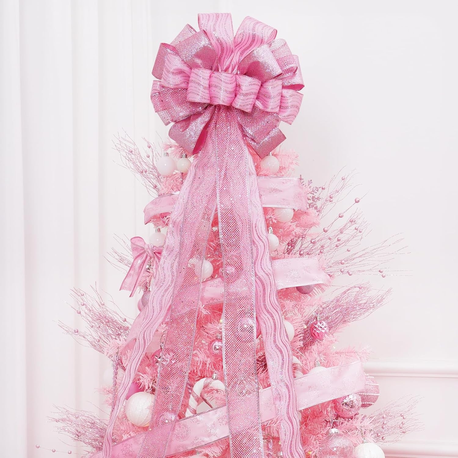 Christmas Tree Topper, 32X12 Inches Large Toppers Bow with Glitter Satin Mesh Streamer, Pink Christmas Tree Topper for Christmas Home Decoration (Pink),Circle Tree Topper