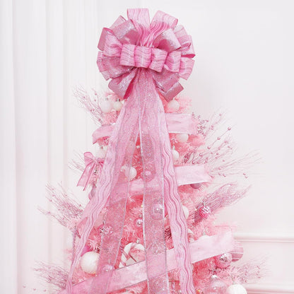 Christmas Tree Topper, 32X12 Inches Large Toppers Bow with Glitter Satin Mesh Streamer, Pink Christmas Tree Topper for Christmas Home Decoration (Pink),Circle Tree Topper