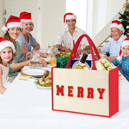 15.5" Reusable Canvas Christmas Gift Bags with Handles - Red Holiday Design