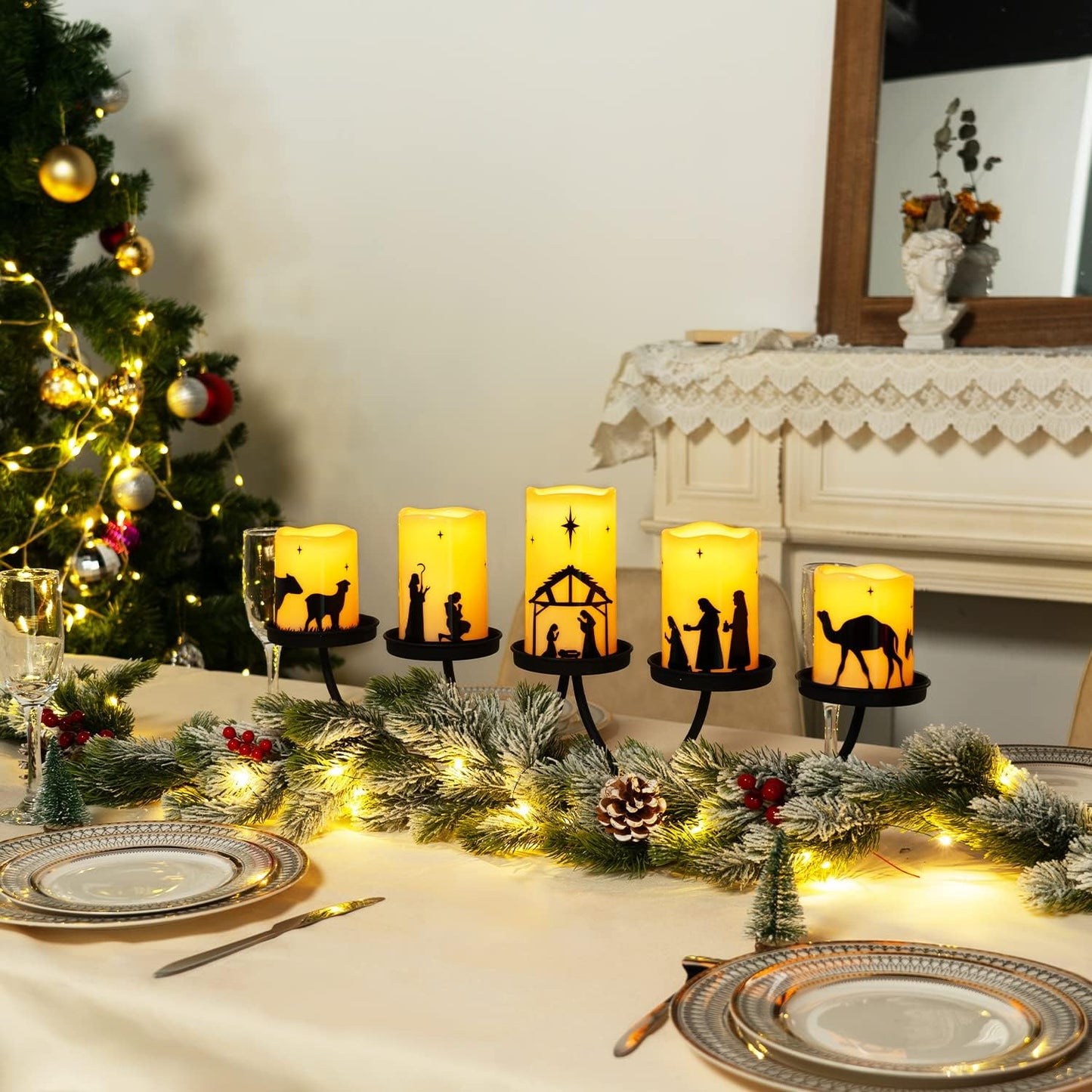 Flameless LED Nativity Scene Candles with Remote Timer, 5 Pack
