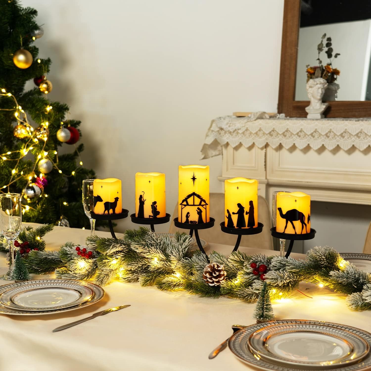 Flameless LED Nativity Scene Candles with Remote Timer, 5 Pack