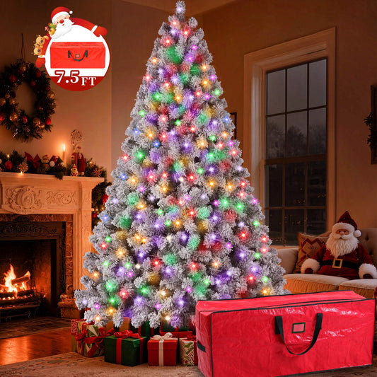 7.5FT Pre-Lit Snow Flocked Christmas Tree,Artificial White Christmas Tree with Large Christmas Tree Storage Bag,11 Modes Warm White & Multicolor LED Lights for Xmas Decoration