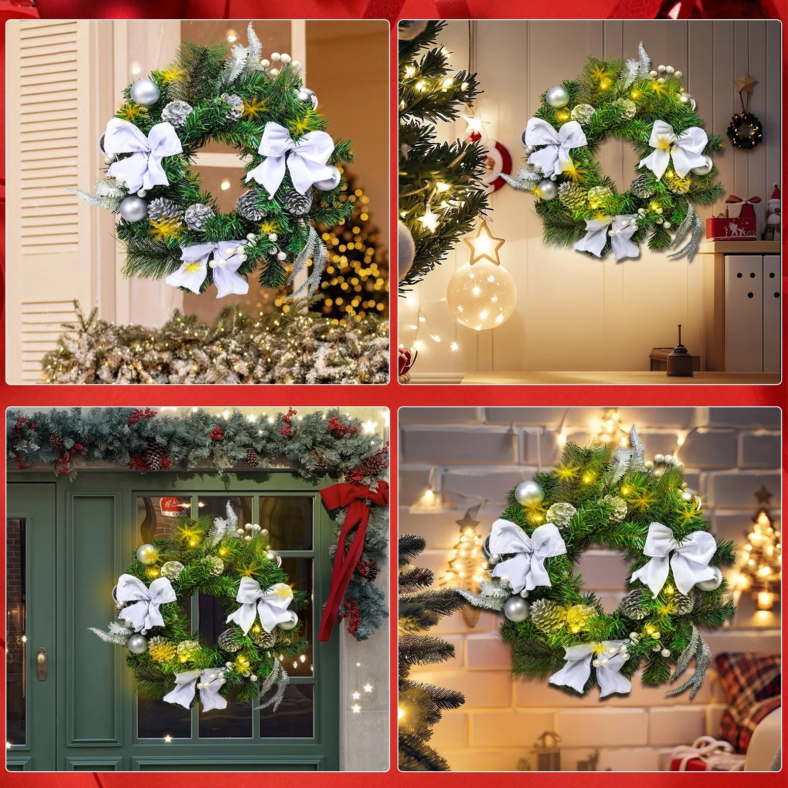 20 Inch Christmas Wreaths-Christmas Wreath with Lights Led,Battery Operated LED Light with Cute Little Decorations Wreath for Christmas Festival Party, Patio,Farmhouse Decoration