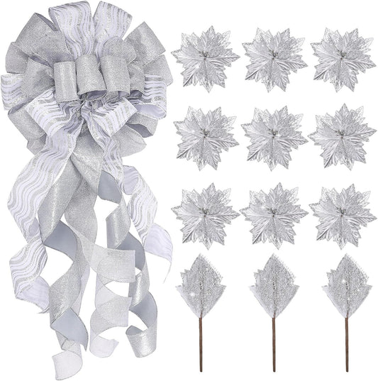 Christmas Tree Topper Decorations 34X12 Inch Large Christmas Bows Tree Ornaments and 24 Pcs Christmas Tree Flowers for Christmas Holiday Party Decorative (Silver)