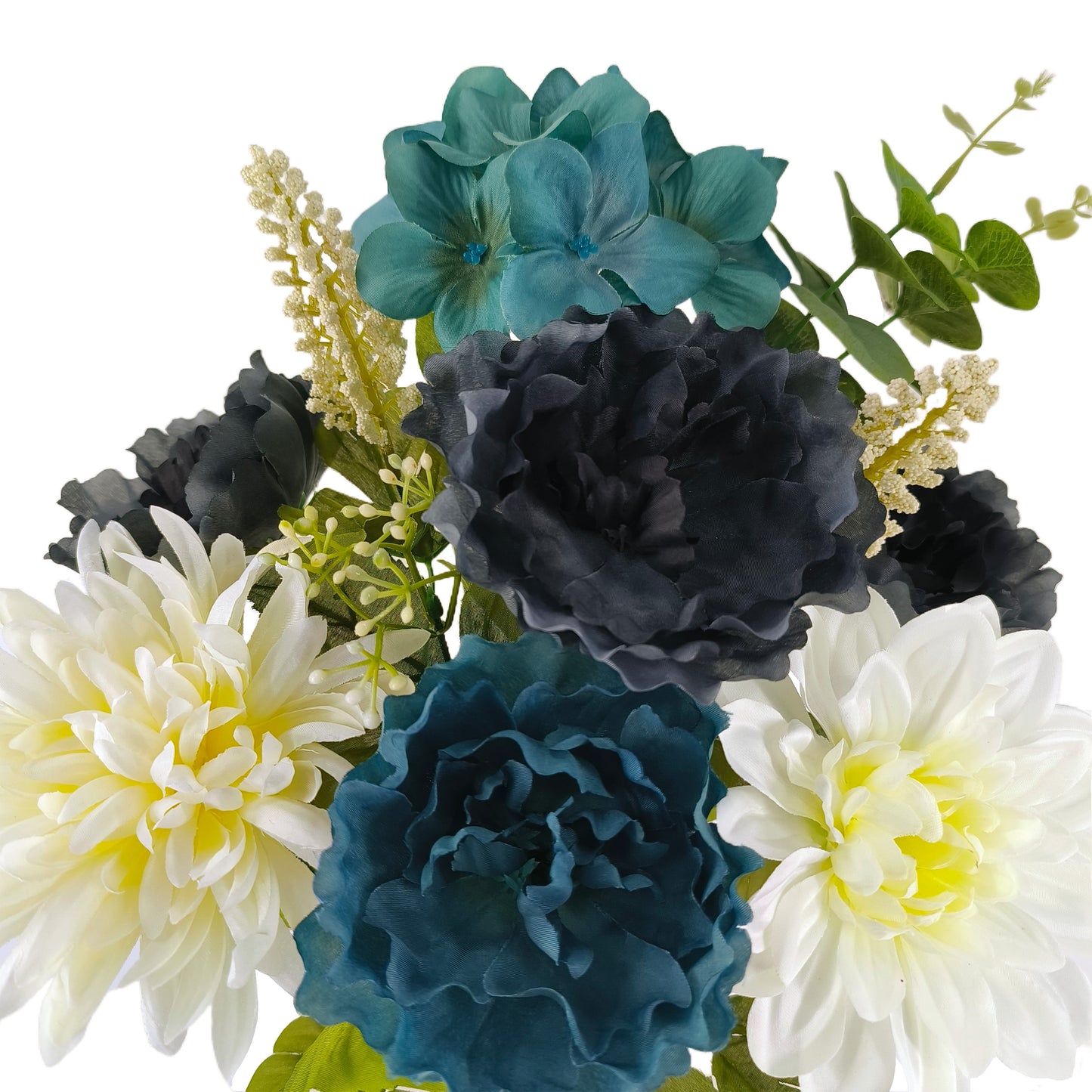 21.5 Inch Artificial Flower Hydrangea Peony Bouquet, Navy Cream Color. Indoor Use.