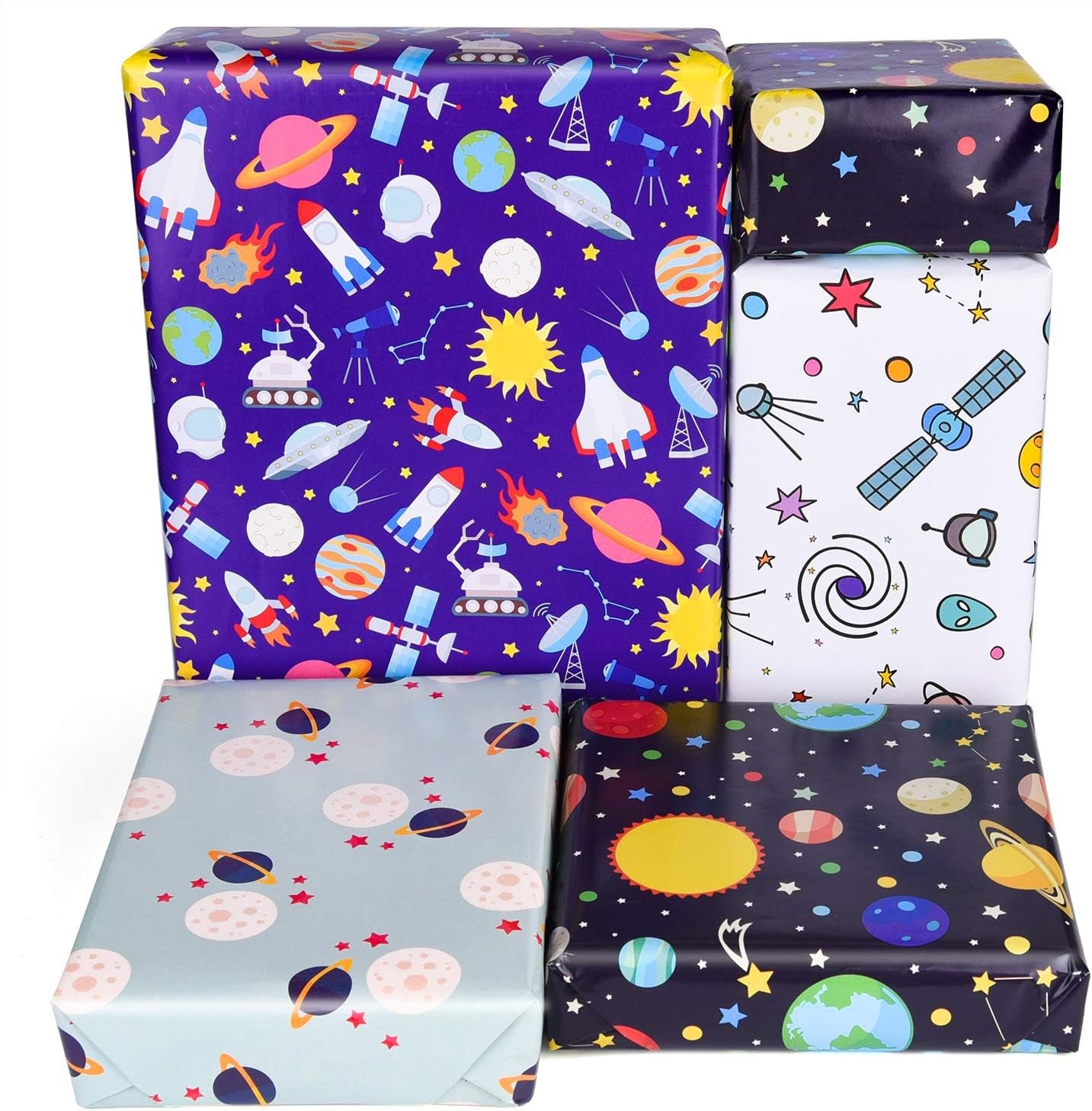 6 Sheets Gift Wrapping Paper Birthday, Boys Outer Space Design Wrapping Paper for Kids Present Birthday Party and Baby Shower