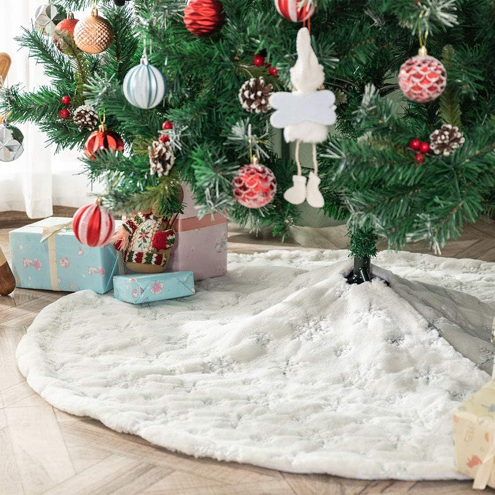 White Plush Christmas Tree Skirt - 90Cm Snow Fur Mat with Silver Sequin Snowflake Xmas Tree Skirt Base Cover for Christmas & New Year Decorations (White, 35Inches)