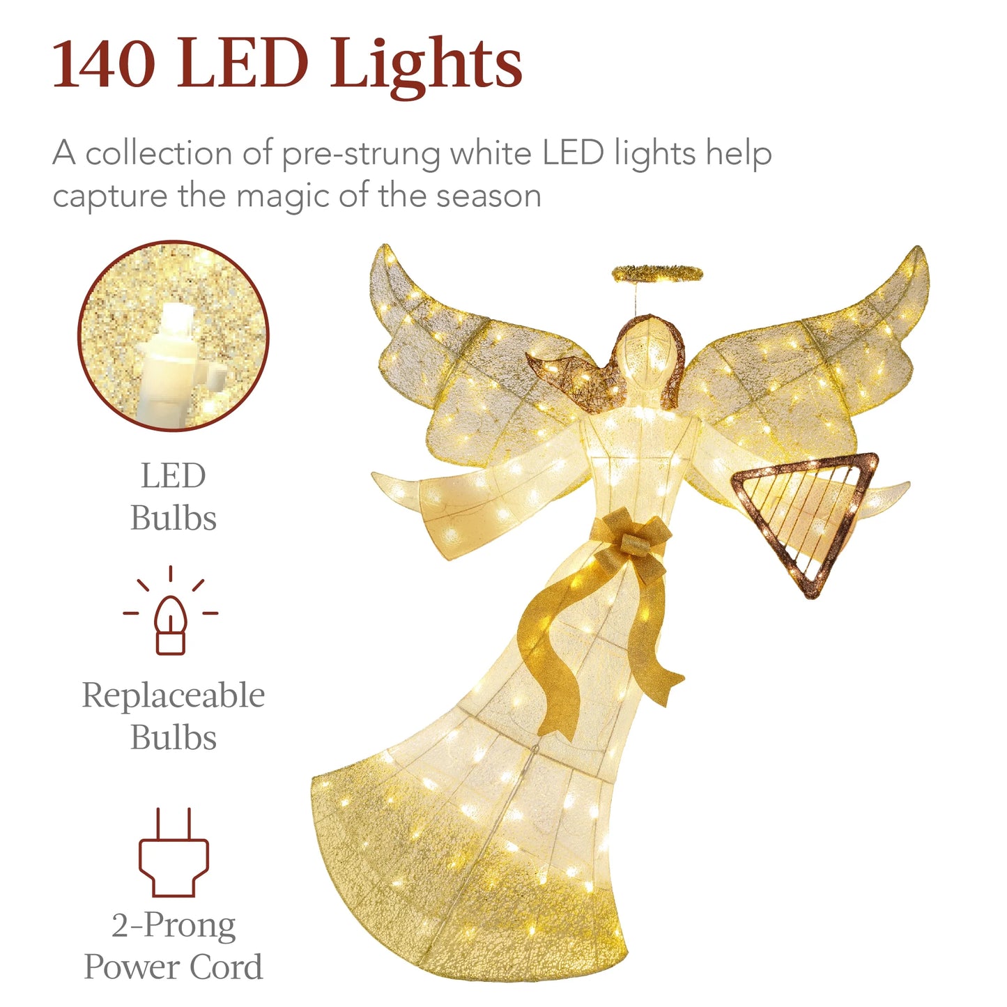 5Ft Lighted Outdoor Angel Christmas Decoration for Lawn W/ 140 LED Lights, Harp, Bow, Ground Stakes