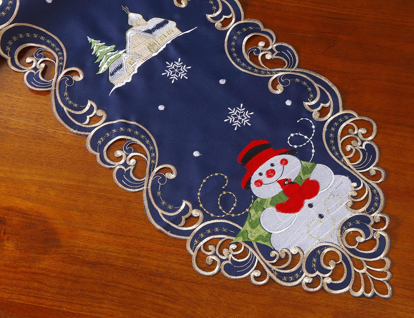 Christmas Holiday Table Runner 13X54 Inches Embroidered Snowman and Snowflakes Pattern Festive Winter Dresser Scarf Table Topper for Family Xmas Home Kitchen Dinner Party Table Decoration