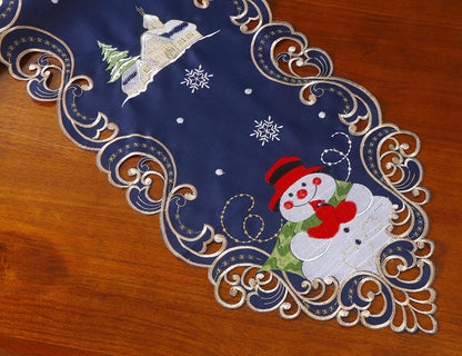 Christmas Holiday Table Runner 13X54 Inches Embroidered Snowman and Snowflakes Pattern Festive Winter Dresser Scarf Table Topper for Family Xmas Home Kitchen Dinner Party Table Decoration