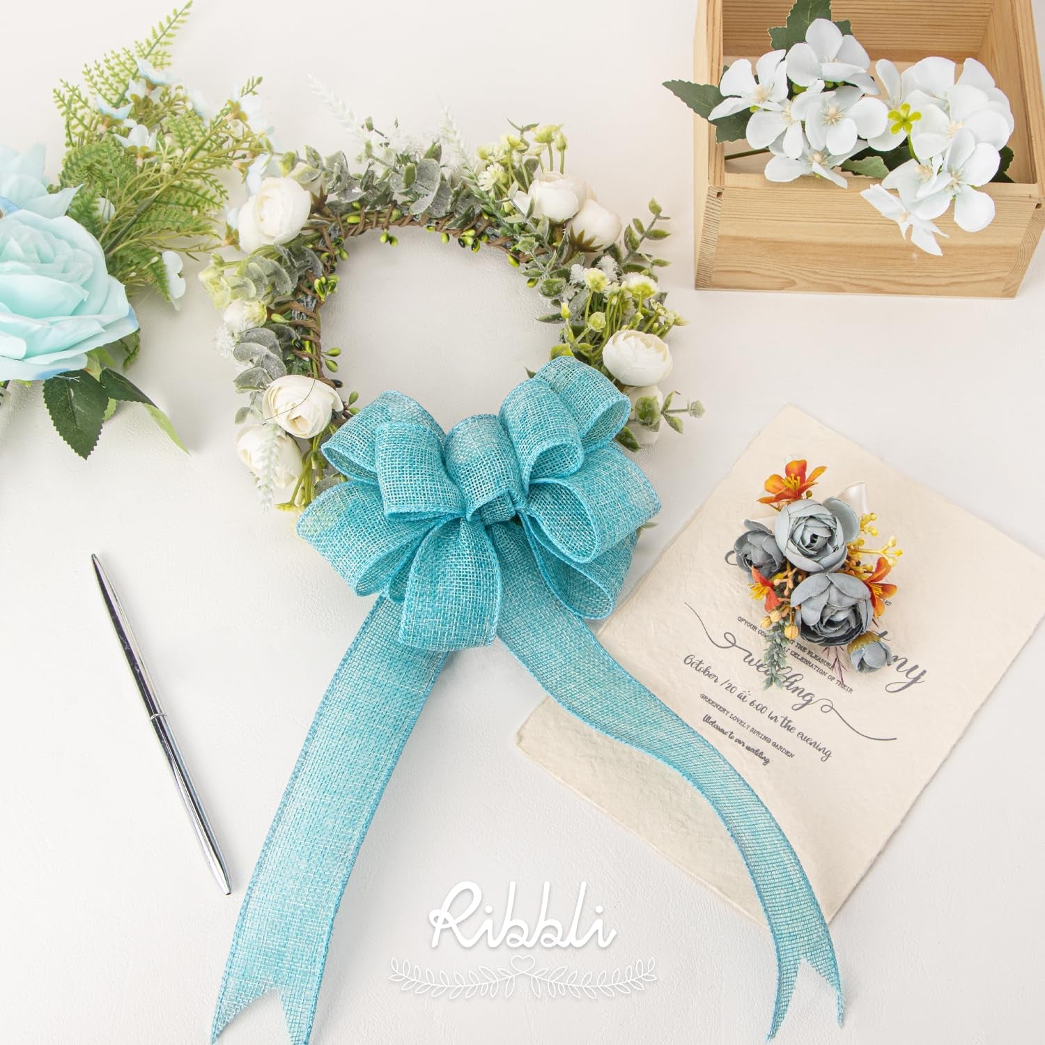 Light Blue/Ocean Blue Burlap Wired Ribbon,1-1/2” Inch X Continuous 10 Yard, Wired Edge Ribbon for Big Bow,Wreath,Tree Decoration,Outdoor Decoration