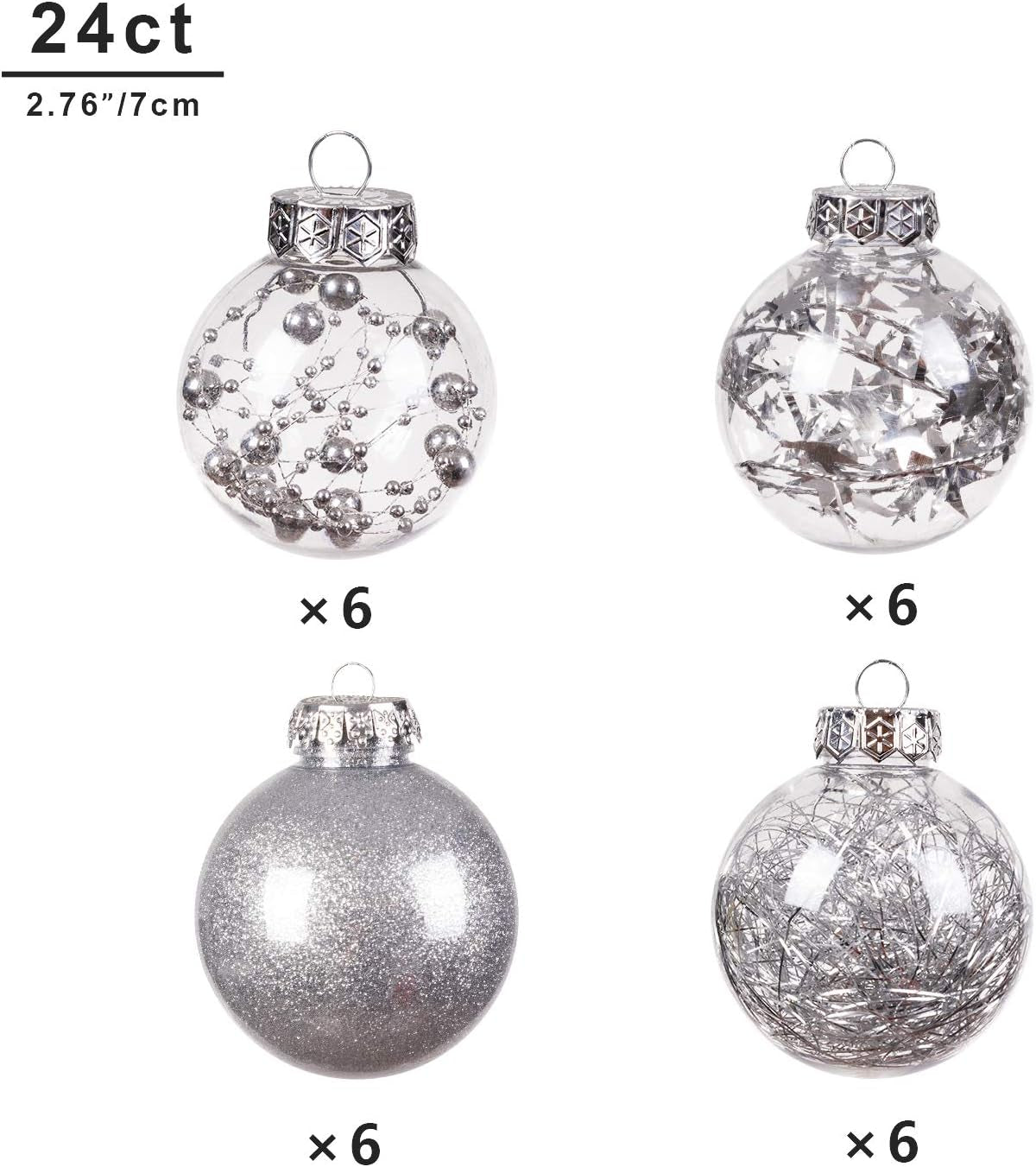 24 Pcs Christmas Decorations Ornaments, 4 Styles Sliver Christmas Tree Balls, 2.76 Inches Shatterproof Ornaments Set for Outdoor Indoor Holiday Wedding Party