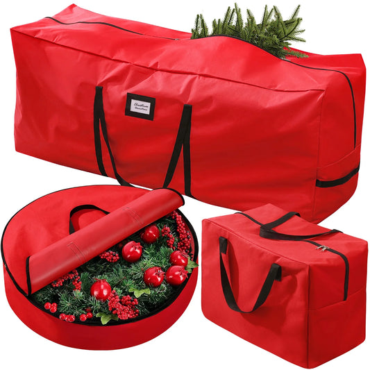 3Pcs Christmas Tree Storage Bag, Christmas Tree Bag for 7.5 FT Artificial Trees, Durable Waterproof with Reinforced Carrying Handles (Red)