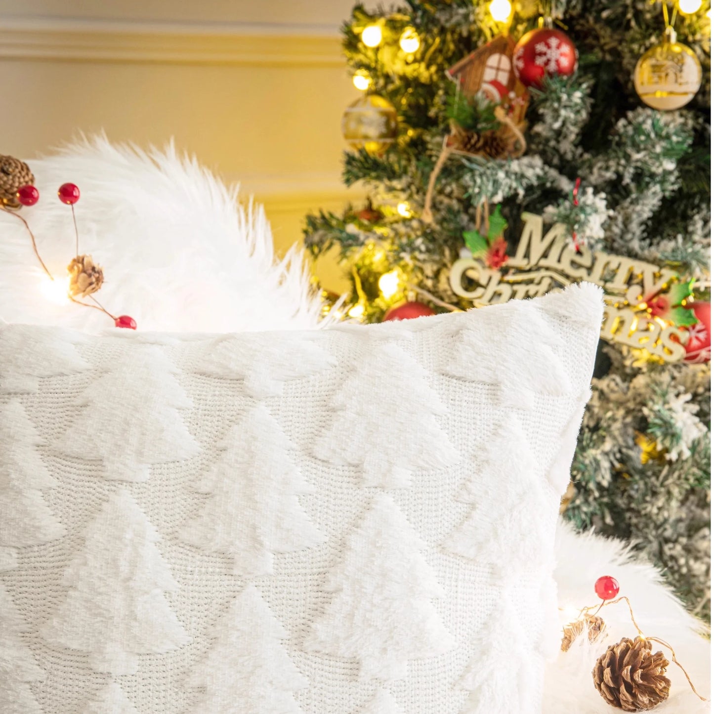Set of 2 Christmas Tree Throw Pillow Covers, Soft Faux Fur Decorative Xmas Throw Pillows for Couch Sofa Holiday Winter Decor