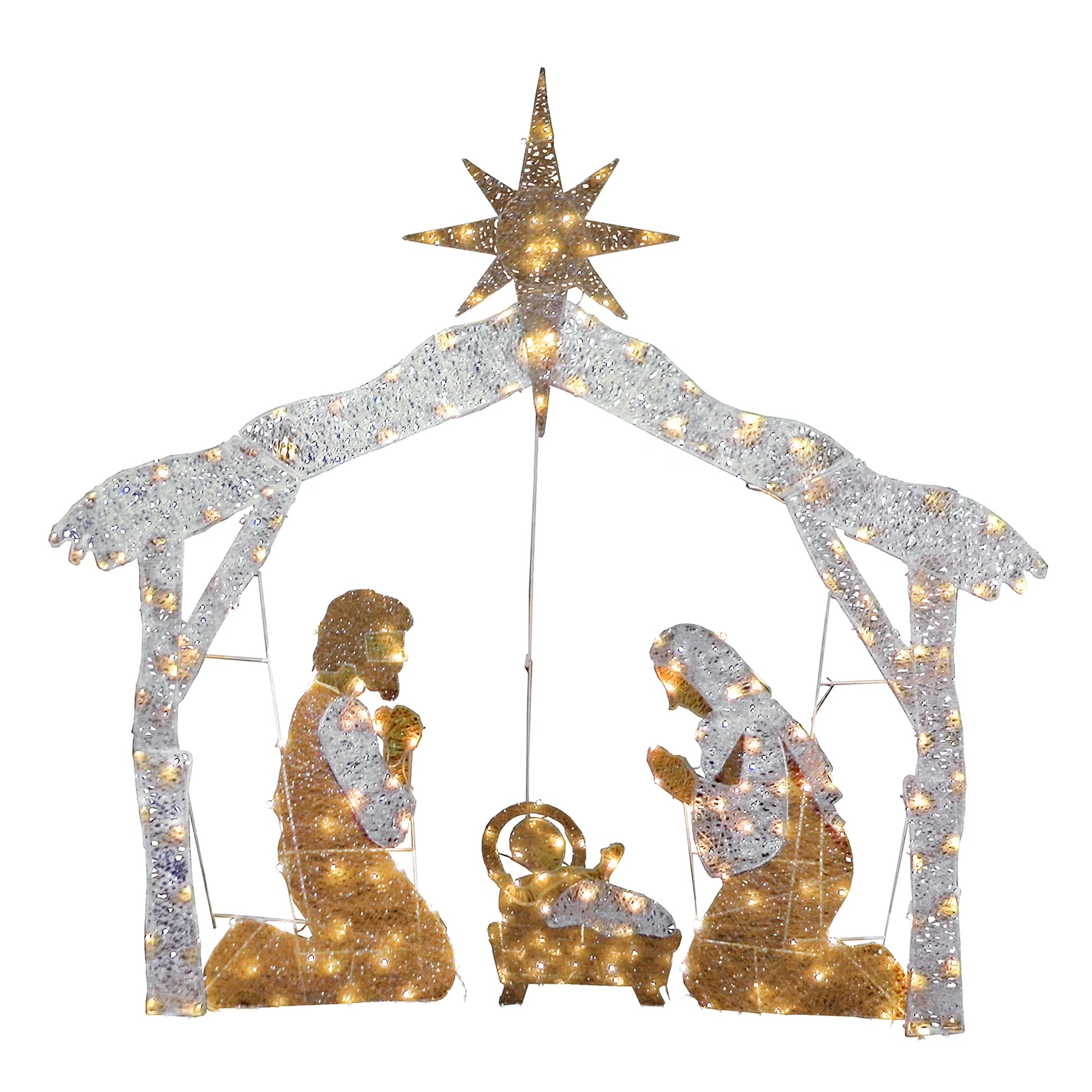 Pre-Lit Nativity Scene, Cool White Lights, LED, 55 Inch, Indoor or Outdoor Use.