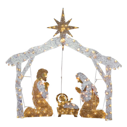 Pre-Lit Nativity Scene, Cool White Lights, LED, 55 Inch, Indoor or Outdoor Use.