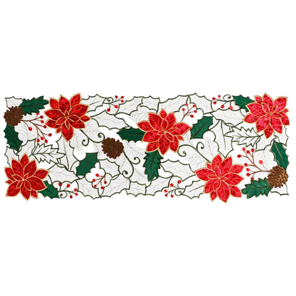 Christmas Table Runner Decorations Red Poinsettia Embroidered 36 Inches Long Flower Table Decor Applique Cutwork Holiday Festive Short Table Decorations, 13X36 Inch