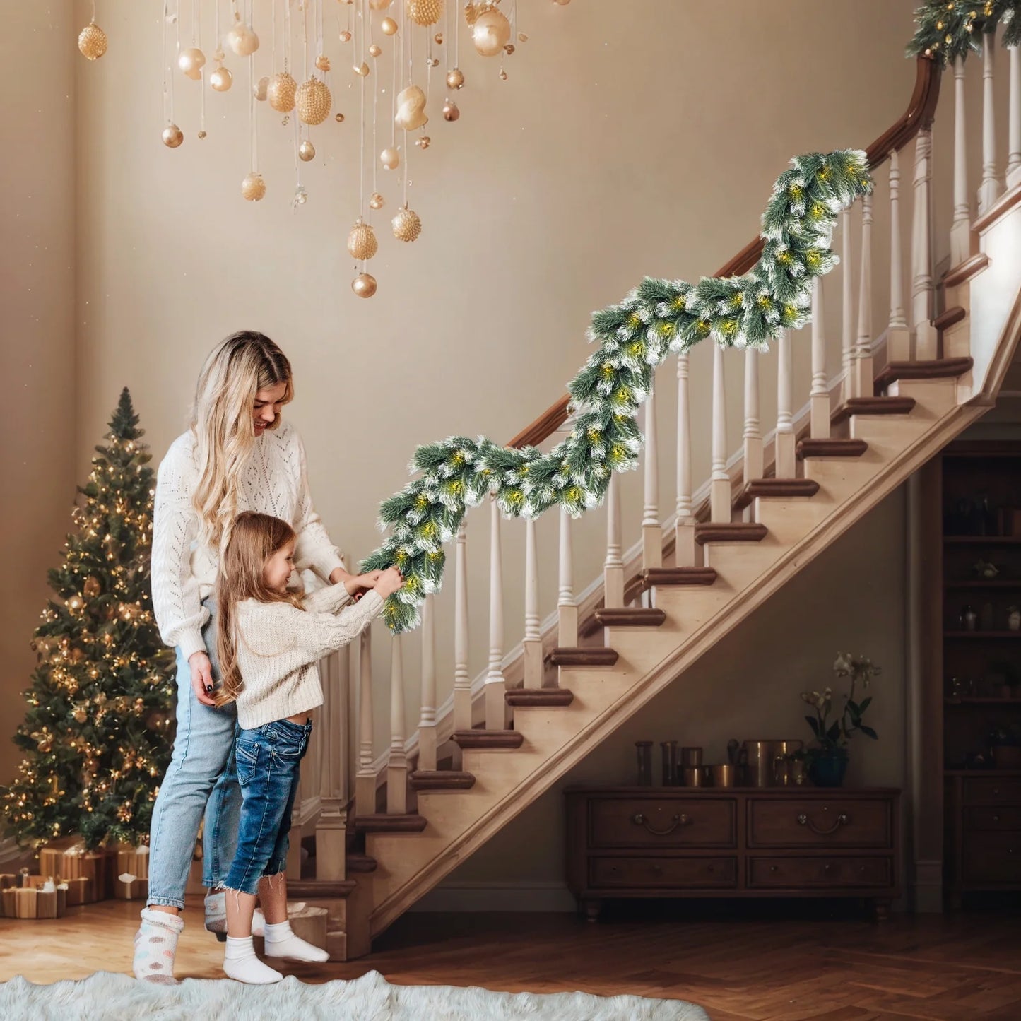 6FT Christmas Garland with Light, Seasonal Artificial Christmas Green Rattan Pine Cypress Garland Holiday Outdoor Winter Decor, 8 Modes Xmas Garland Indoor for Mantle Fireplace Stair Wreath