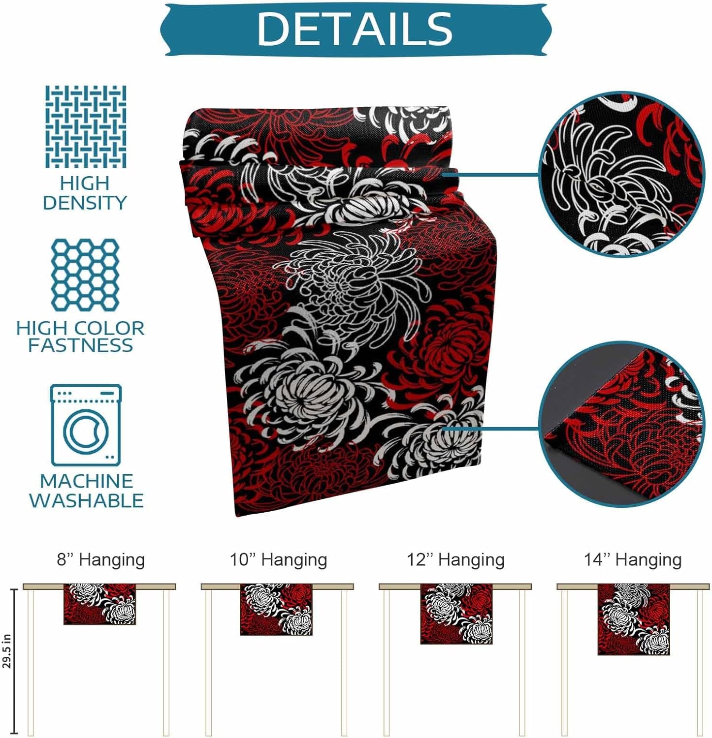 Floral Table Runner-Red Black White Cotton Linen-Long 90 Inche Dresser Scarves,Flower Tablerunner for Kitchen Coffee/Dining Table Bedroom Home Living Room,Scarf Decor for Summer Spring Holiday Dinner