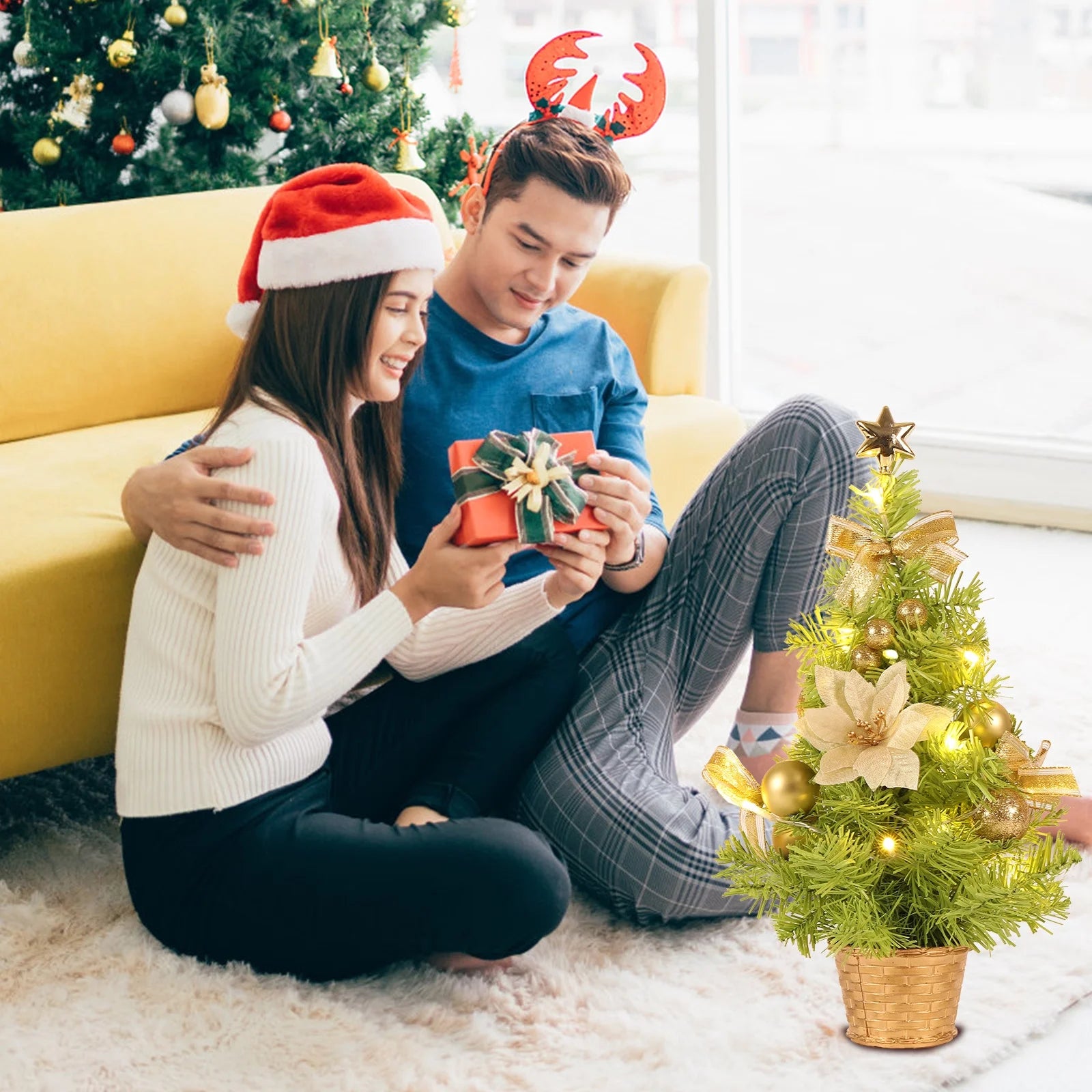 18-Inch Artificial Mini Christmas Tree with LED String Lights and Ornaments for Festive Tabletop Decor