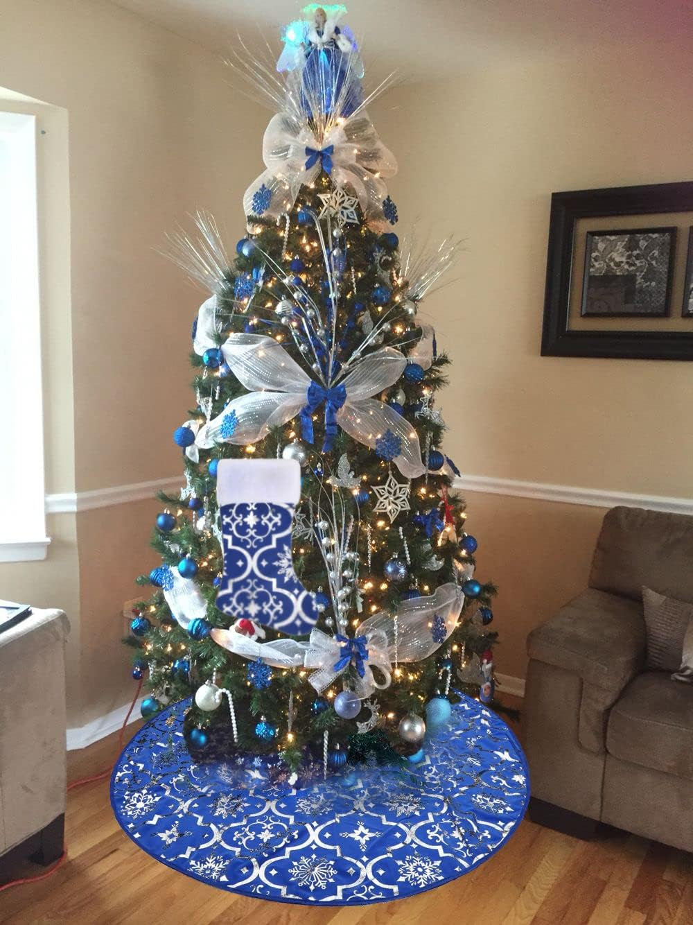 Christmas Tree Skirt, 48 Inches Large Red Flannel Tree Mat with Gilded Christmas Patterns Skirt for Xmas Tree Holiday Party Decorations Indoor Outdoor with 1 Christmas Stocking (Blue)