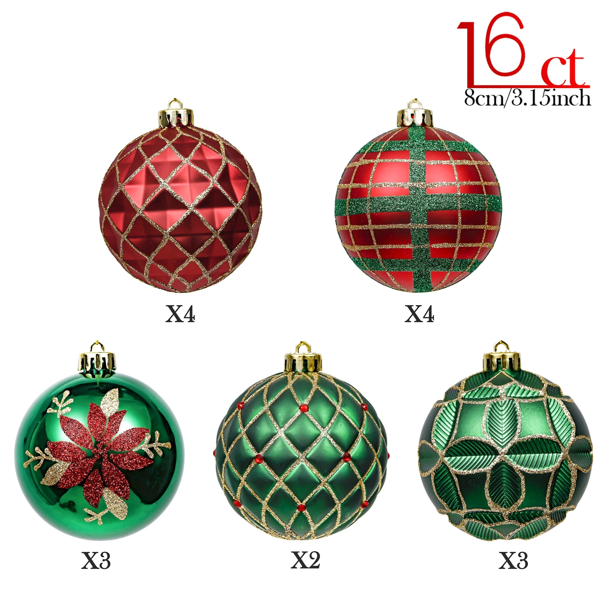 16Ct 3.15" Christmas Ball Ornaments, Red Green Gold Shatterproof Ornaments for Xmas Party Decor