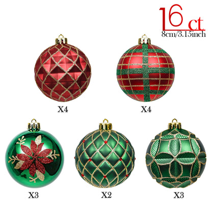 16Ct 3.15" Christmas Ball Ornaments, Red Green Gold Shatterproof Ornaments for Xmas Party Decor
