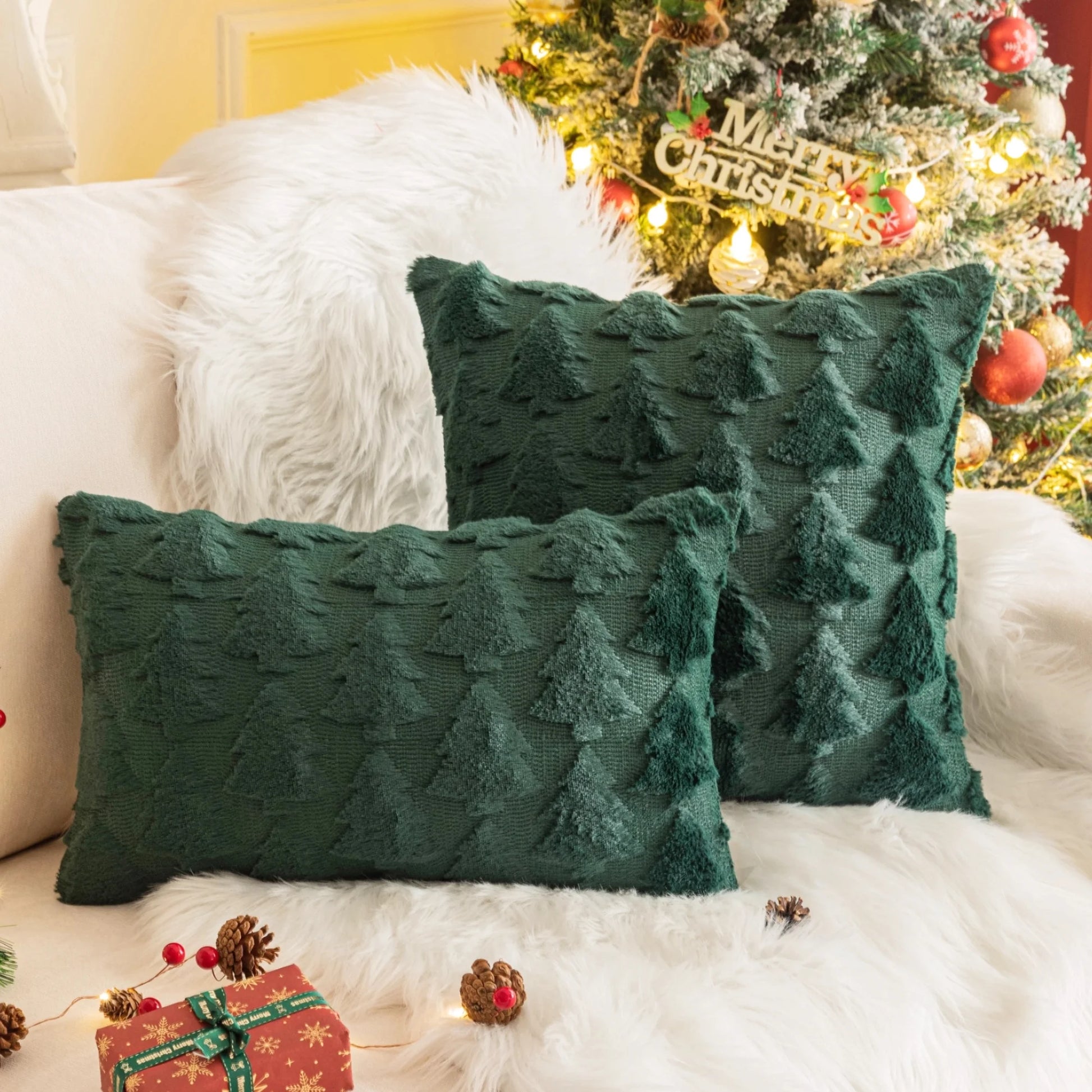 Set of 2 Christmas Tree Throw Pillow Covers, Soft Faux Fur Decorative Xmas Throw Pillows for Couch Sofa Holiday Winter Decor