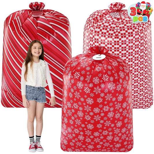3 Pcs Jumbo Christmas Gift Bags, 56”X36” Red Xmas Large Plastic Gift Bags with Tags for Santa Parties Supplies, Gift Wrapping