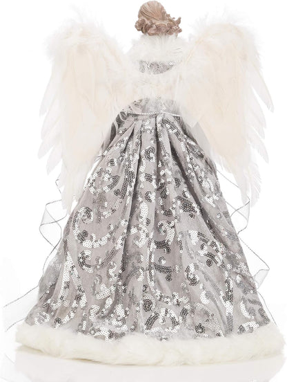 16 Inches Angel Tree Topper with Shiny Sequins Luxury Dress, Christmas Treetop Flying Angel Winged Diva Fairy Goddess Figurine Holiday Ornament, Silver Grey