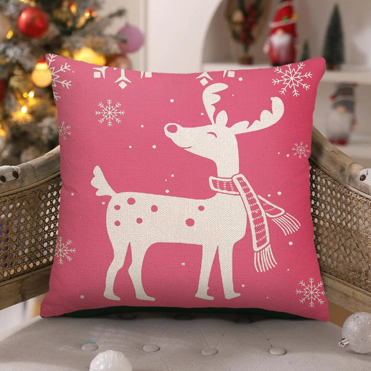 Christmas Throw Pillow Covers 18''X18'' Set of 4 Decorative Holiday Pillows Cover Cases Farmhouse Decor for Xmas Decoration Home Couch Sofa, Pink