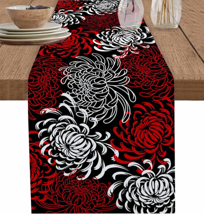 Floral Table Runner-Red Black White Cotton Linen-Long 90 Inche Dresser Scarves,Flower Tablerunner for Kitchen Coffee/Dining Table Bedroom Home Living Room,Scarf Decor for Summer Spring Holiday Dinner
