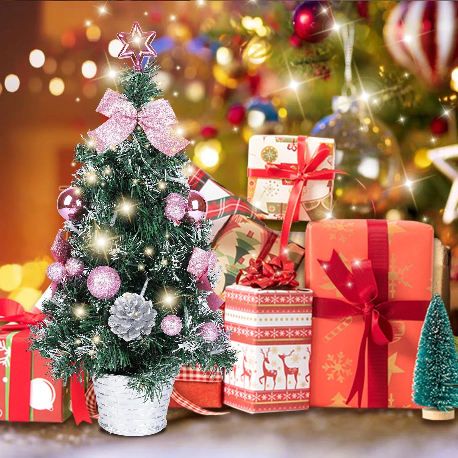 Mini Christmas Tree, 18" Artificial Small Christmas Tree with LED String Lights, Tabletop Christmas Tree with Pine Cones Christmas Balls Ornaments for Christmas Decorations