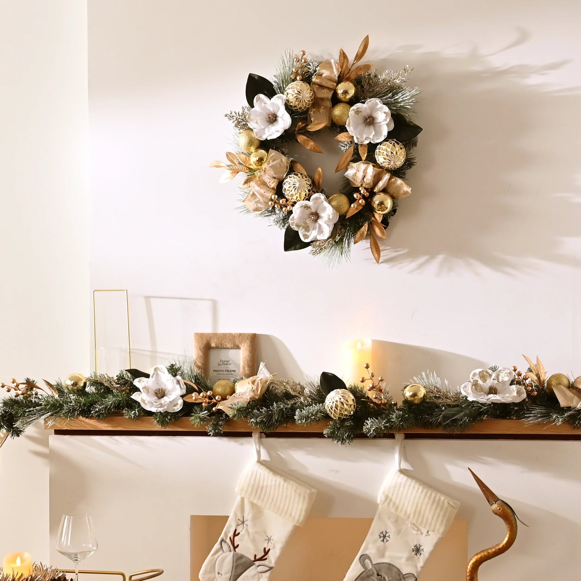 24 Inches Pre-Lit Christmas Wreath White Gold Lighted Wreath with Bow & Flower & Ornaments Perfect Xmas Holiday Gift for Front Door Mantel Table Top Decoration