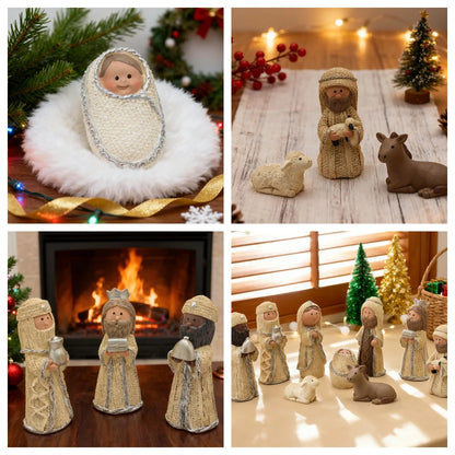 Nativity Knit Set Indoor - 9 Pcs Holy Family Figurines Baby Jesus with Manger, Religious Nativity Figurines Xmas Cable Nativity Scene for Tabletop Props Home Living Room Decor
