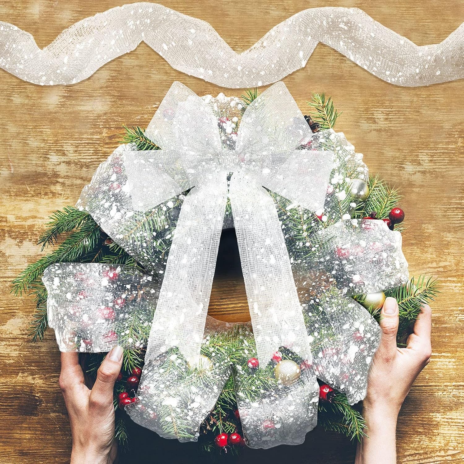 10 Inch X 30 Feet Christmas Snow Poly Mesh Ribbon Decorated Snowball Mesh Ribbon for Christmas Graduation Party Decoration (White)