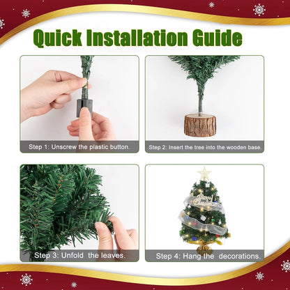 18" Pre-Lit Mini Christmas Tree with LED Lights & Ornaments – Battery Operated Tabletop Artificial Christmas Tree for Indoor Holiday Decor, Home & Office