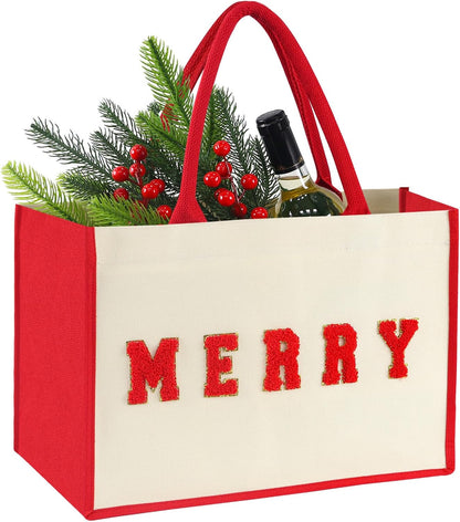15.5" Reusable Canvas Christmas Gift Bags with Handles - Red Holiday Design